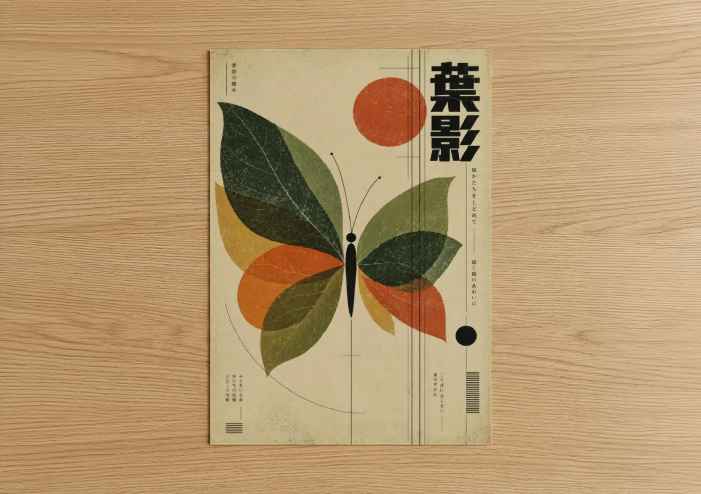Art print on warm oak wood — green and orange palette — Japanese Butterfly Geometric Wall Art poster