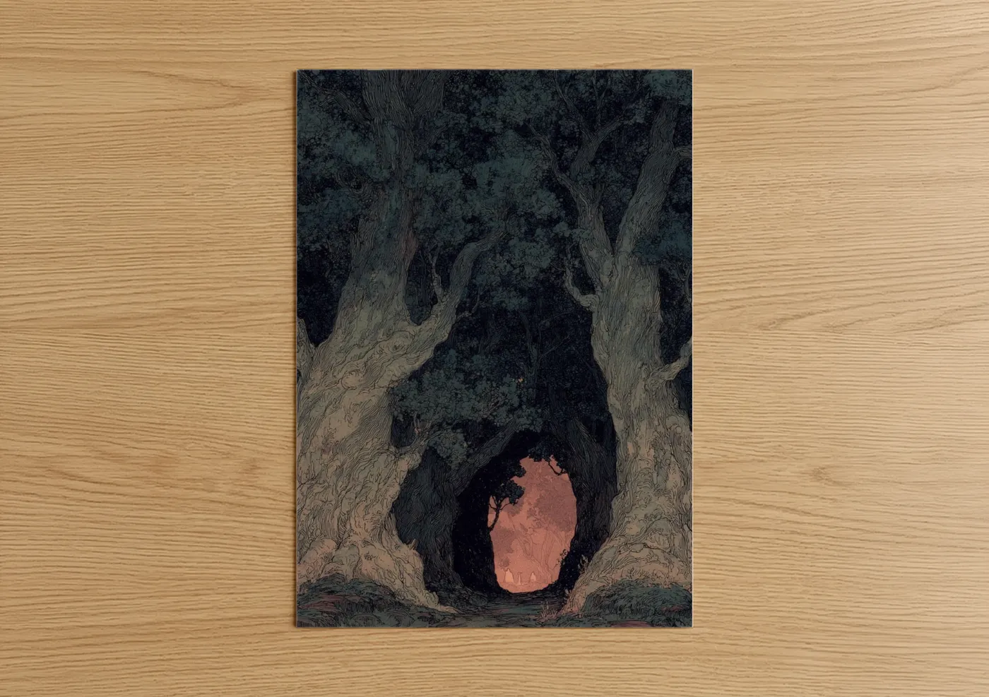Art print on warm oak wood — dark blue and peach palette — Ancient Gateway poster