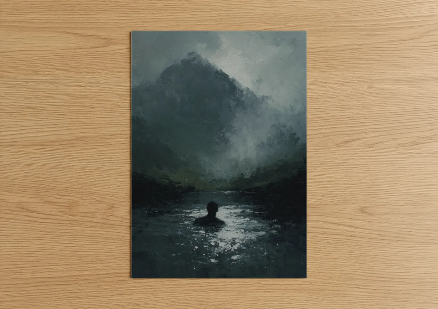 Swimming art print on warm oak wood — gray and white and dove gray palette — Mountain Swimmer poster