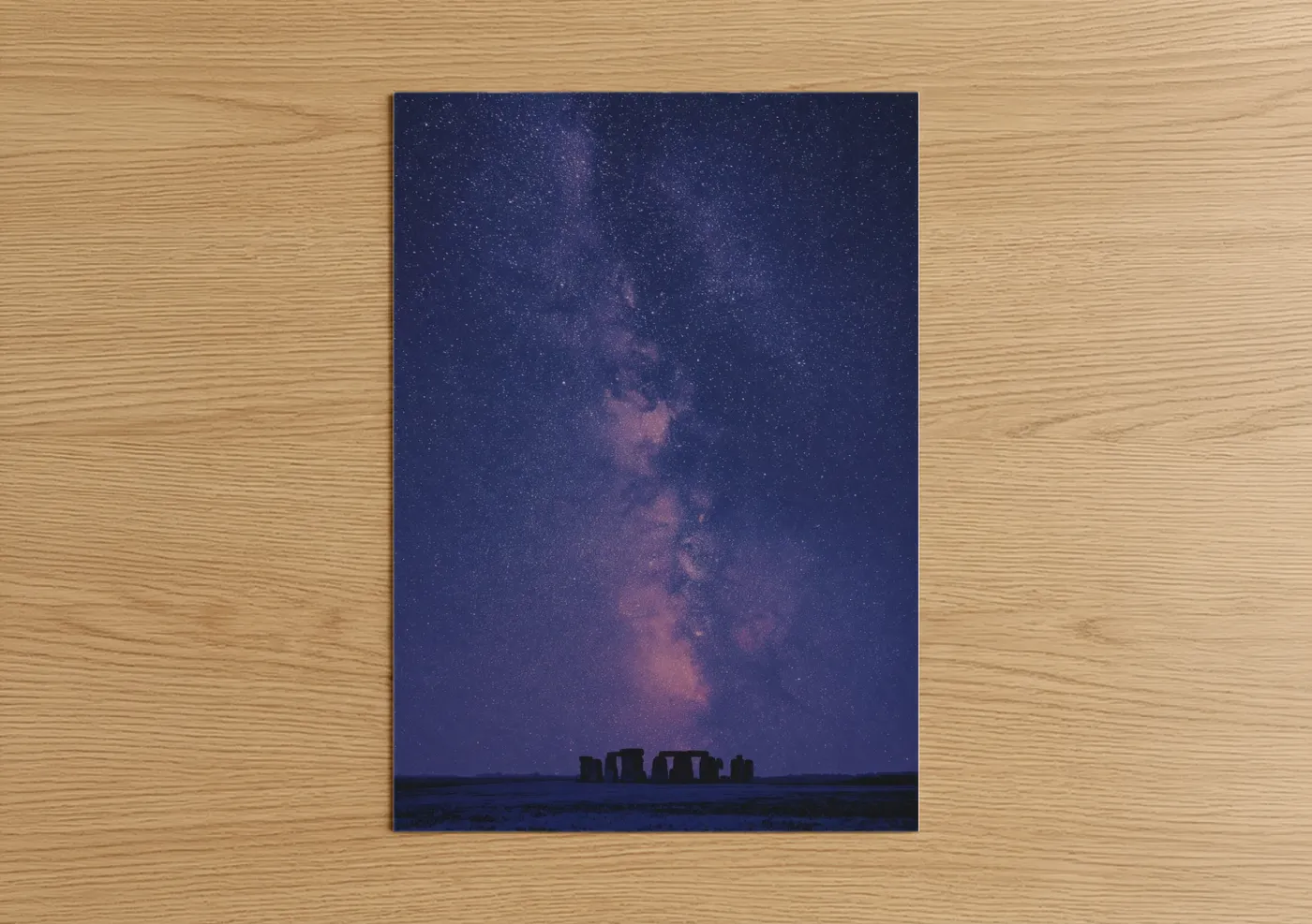 Monuments art print on warm oak wood — dark blue and purple palette — Cosmic Stonehenge poster