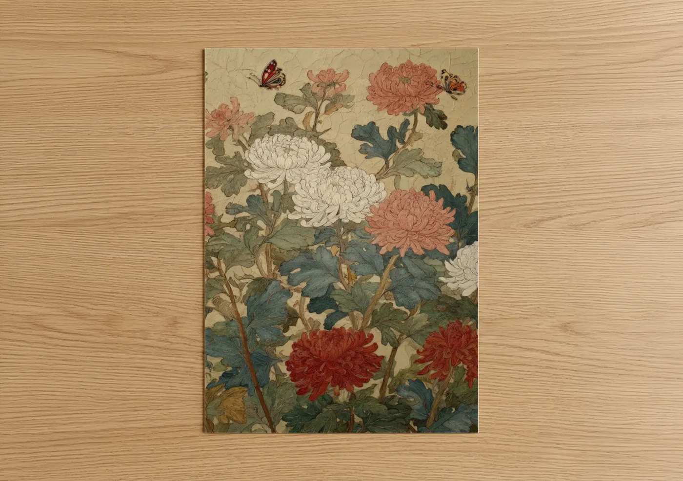 Art print on warm oak wood — beige palette — Vintage Chrysanthemum Garden poster