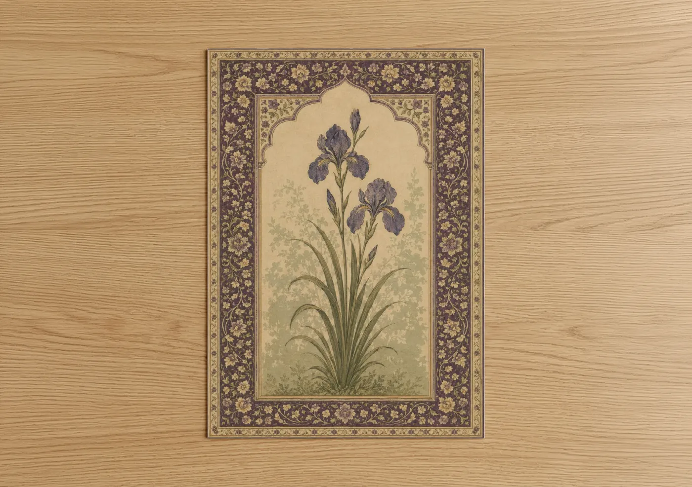 Art print on warm oak wood — purple and gold palette — Purple Iris Botanical Wall Art poster
