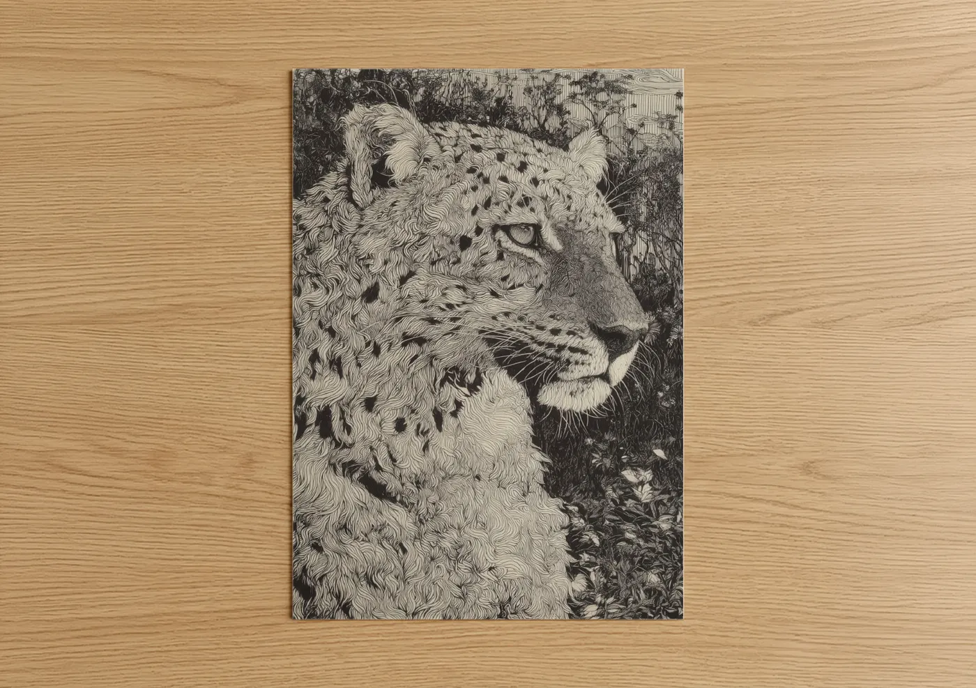 Art print on warm oak wood — black and white palette — Spotted Leopard poster