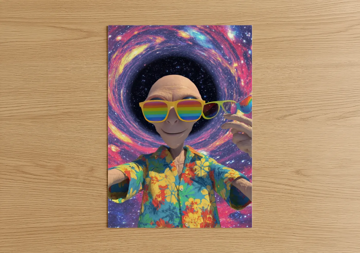 Extraterrestrial art print on warm oak wood — magenta and gold palette — Cosmic Alien Vibes poster