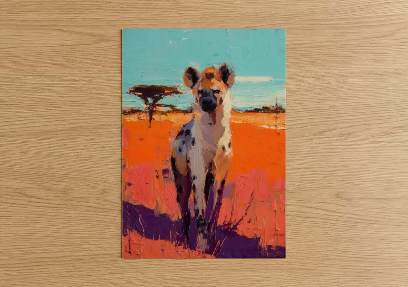 Art print on warm oak wood — orange and turquoise palette — Savanna Hyena poster