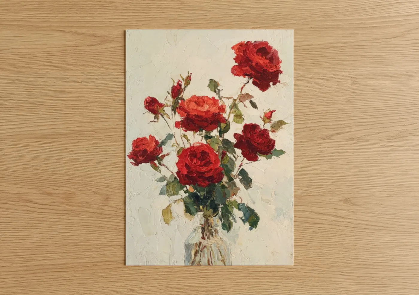 Roses art print on warm oak wood — red and cream palette — Crimson Rose Bouquet poster