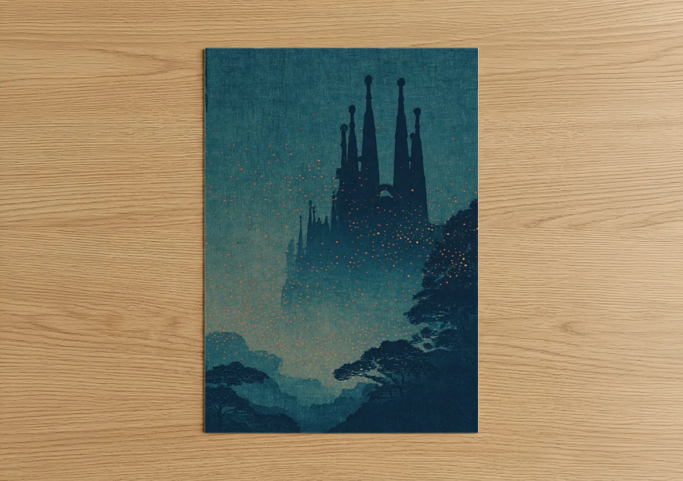 Art print on warm oak wood — teal and gold palette — Enchanted Sagrada Familia poster