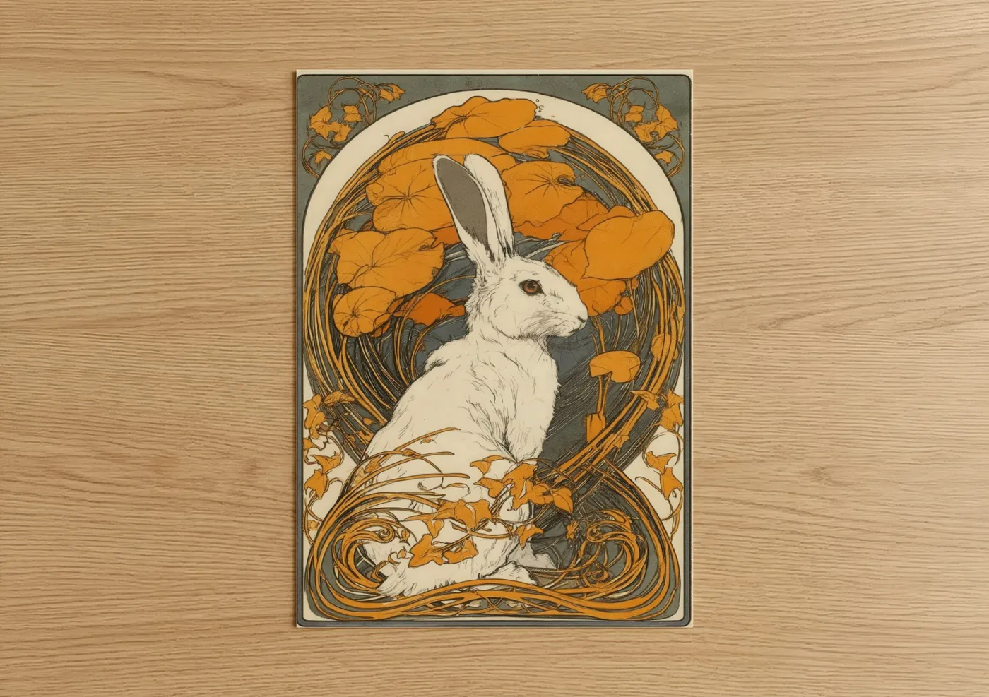 Art print on warm oak wood — gold and white palette — Golden Rabbit Portrait poster