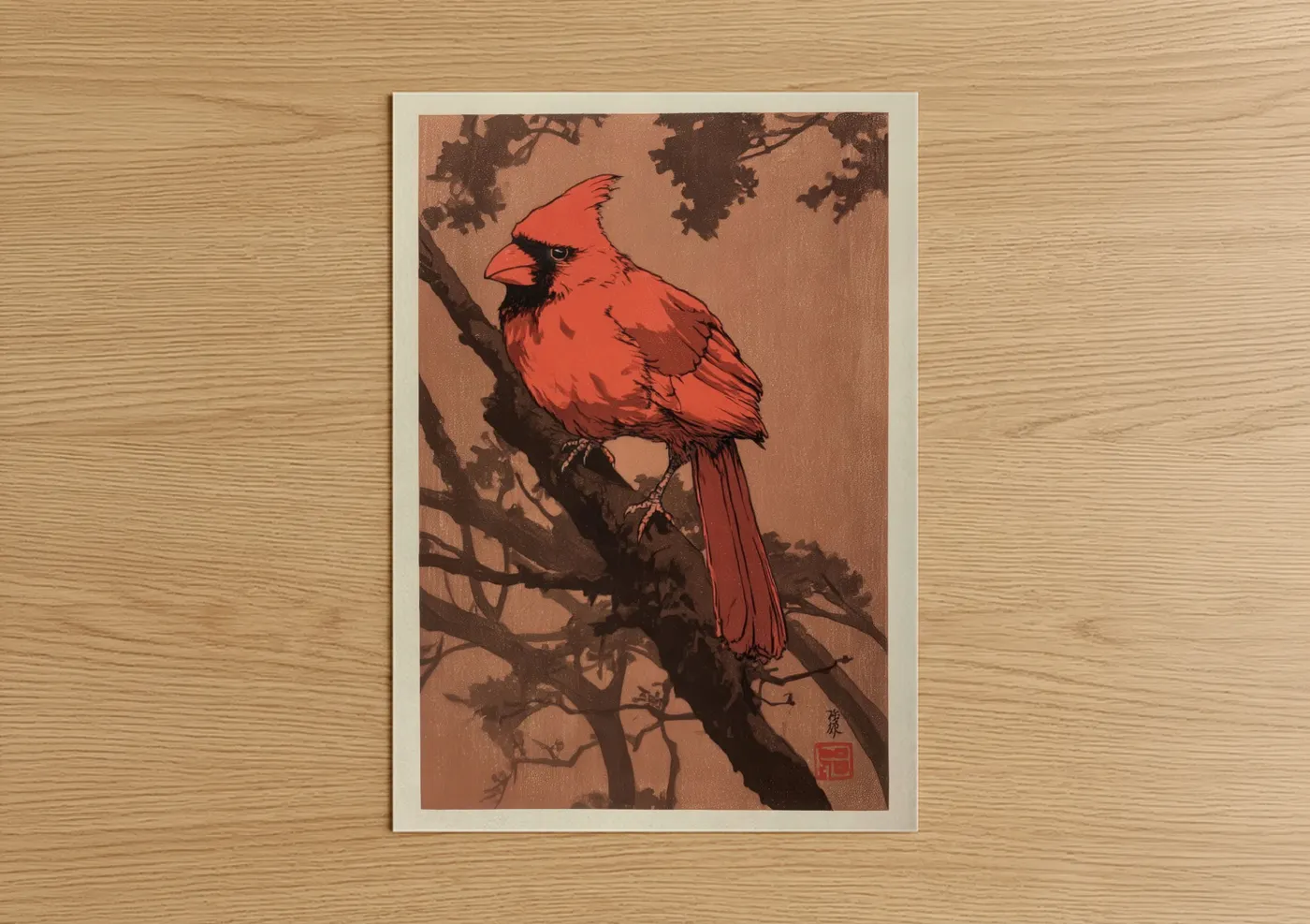 Art print on warm oak wood — red and brown palette — Crimson Cardinal Branch poster