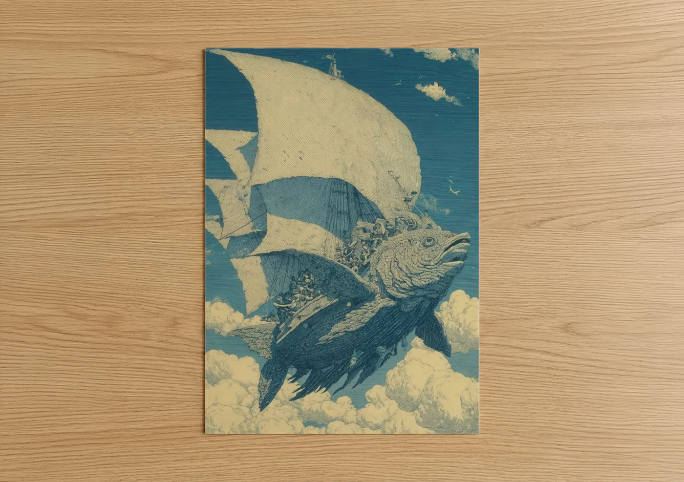 Art print on warm oak wood — blue and cream palette — Celestial Sailfish poster