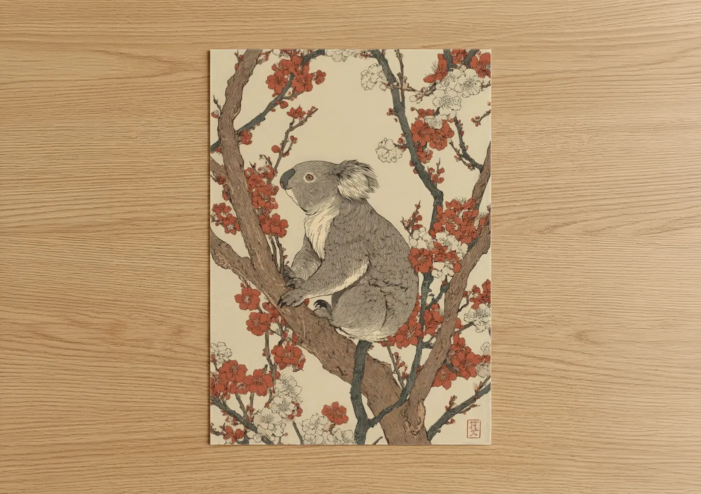 Art print on warm oak wood — cream and russet palette — Blossoming Koala poster