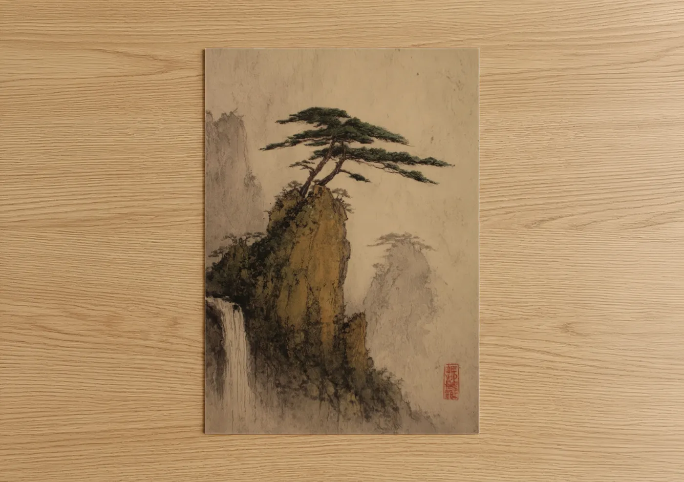 Cedar tree art print on warm oak wood — beige and gray palette — Windswept Cedar poster