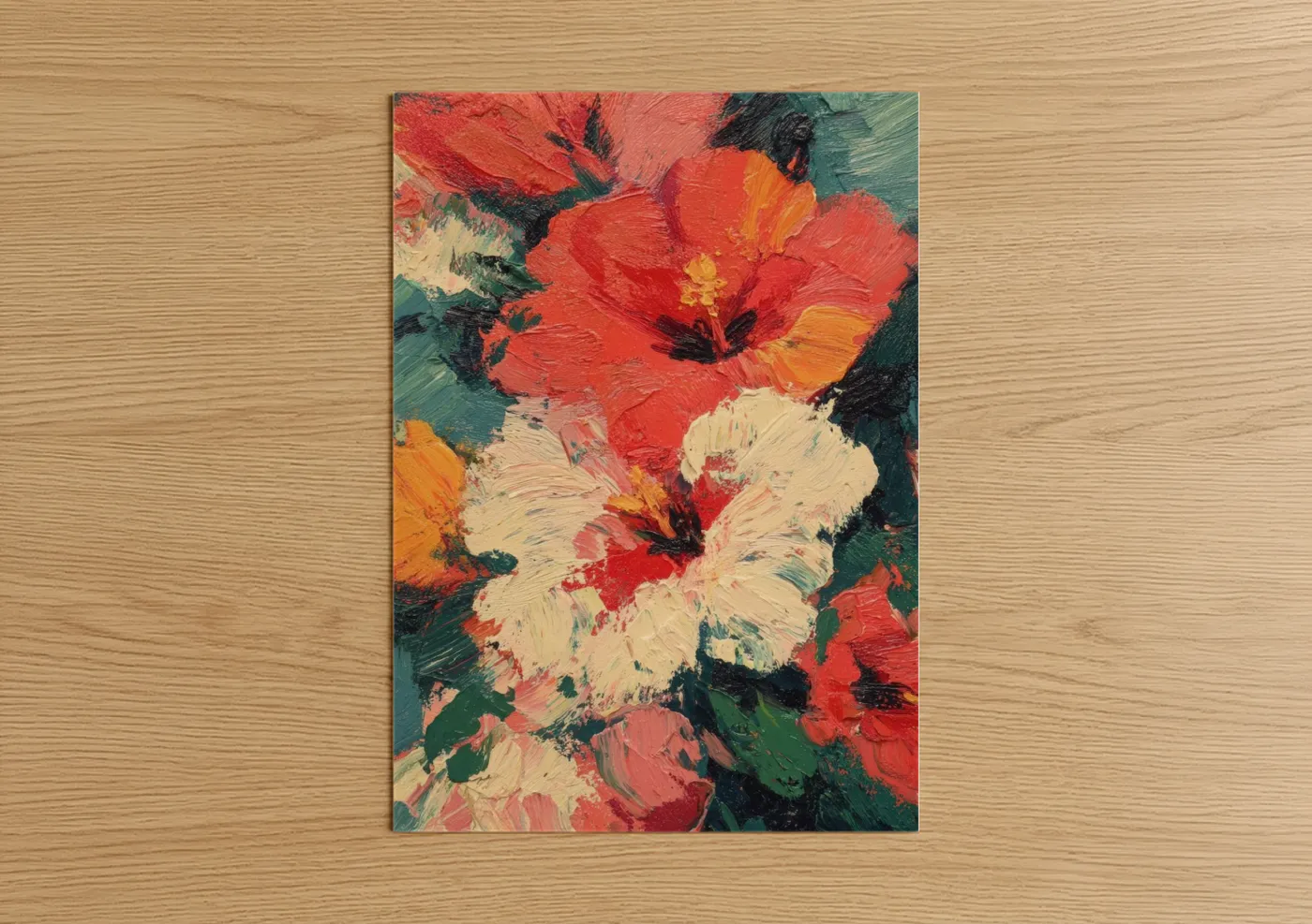 Art print on warm oak wood — red and teal palette — Crimson Hibiscus Blooms poster