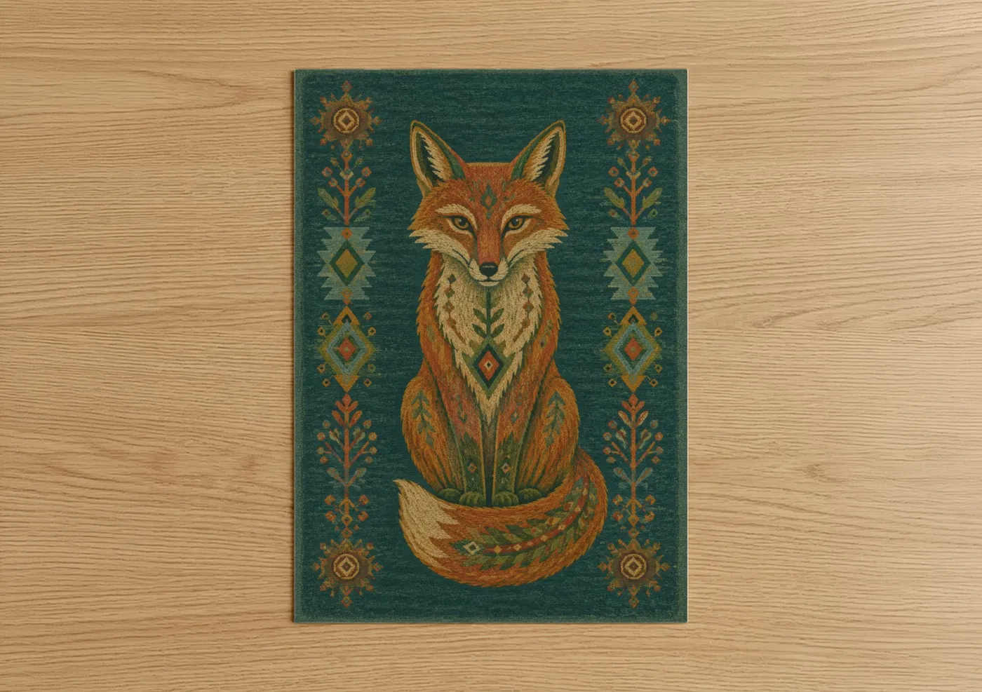 Art print on warm oak wood — teal and gold palette — Geometric Fox with Ornamental Design Wall Art poster