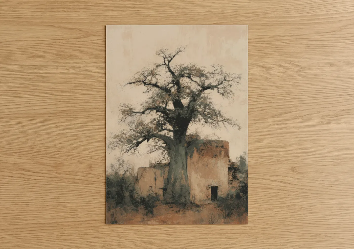 Ancient Baobab Tree Ruins Watercolor Wall Art