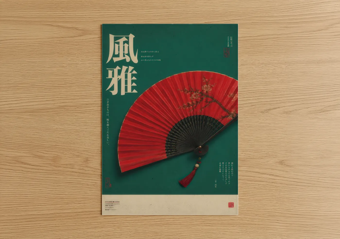 Cherry blossoms art print on warm oak wood — red and true green palette — Japanese Cherry Blossom Fan Wall Art poster