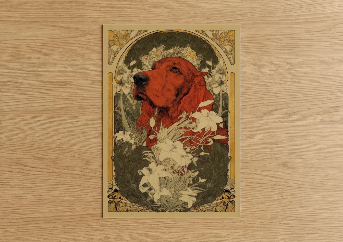 Red Setter with White Flowers Art Deco Wall Art