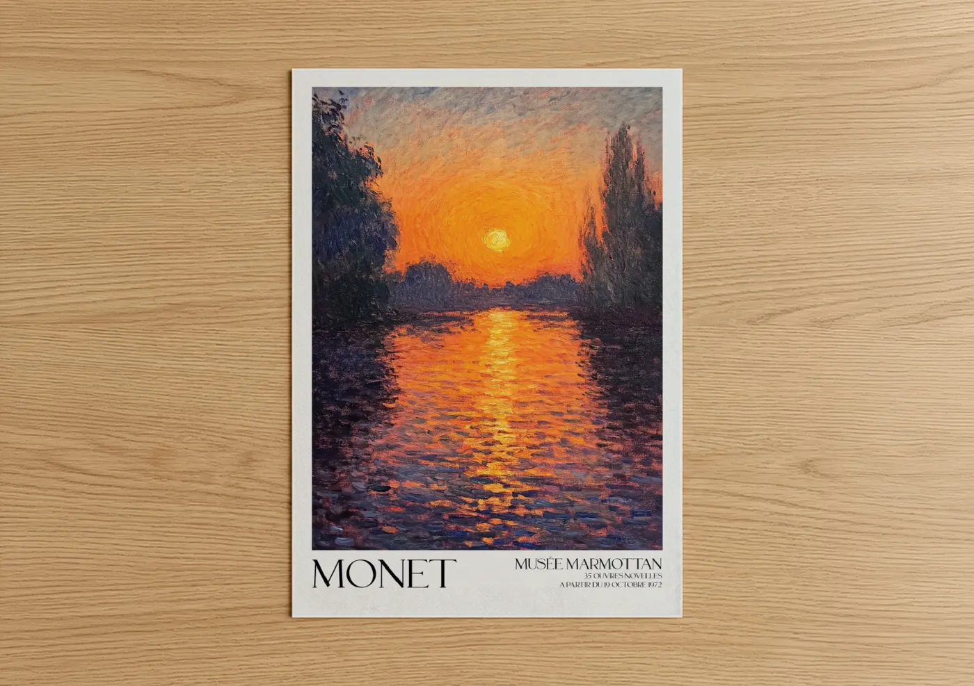 Sunrise and sunset art print on warm oak wood — gold and orange palette — Golden River Sunset poster