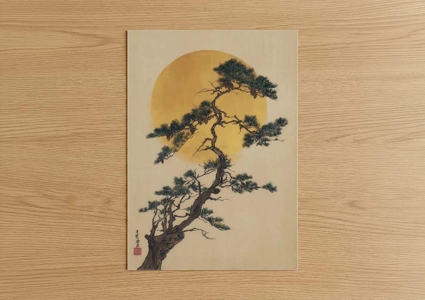 Golden Moon Cedar Bonsai Japanese Wall Art