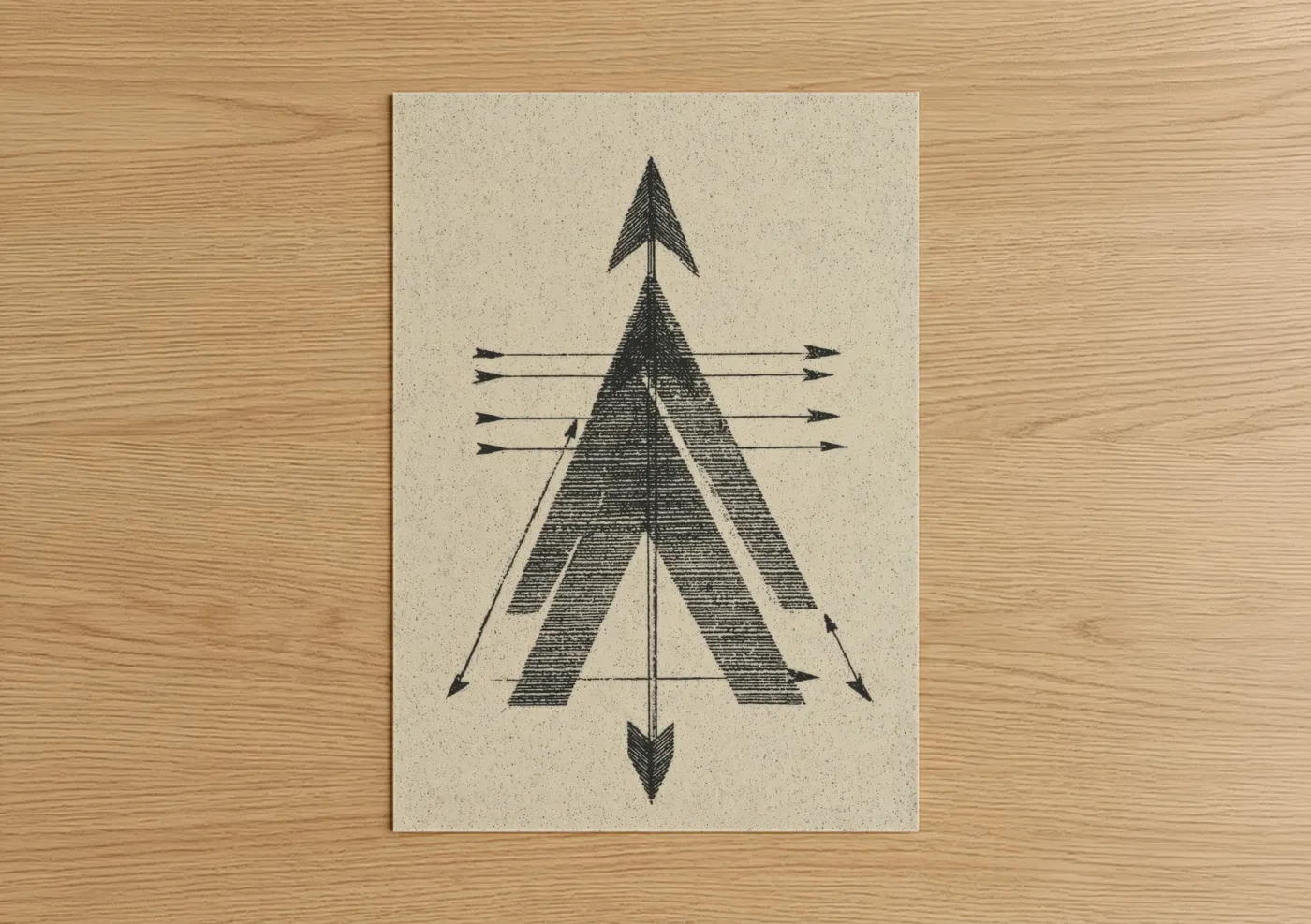 Art print on warm oak wood — black and white palette — Geometric Archery poster