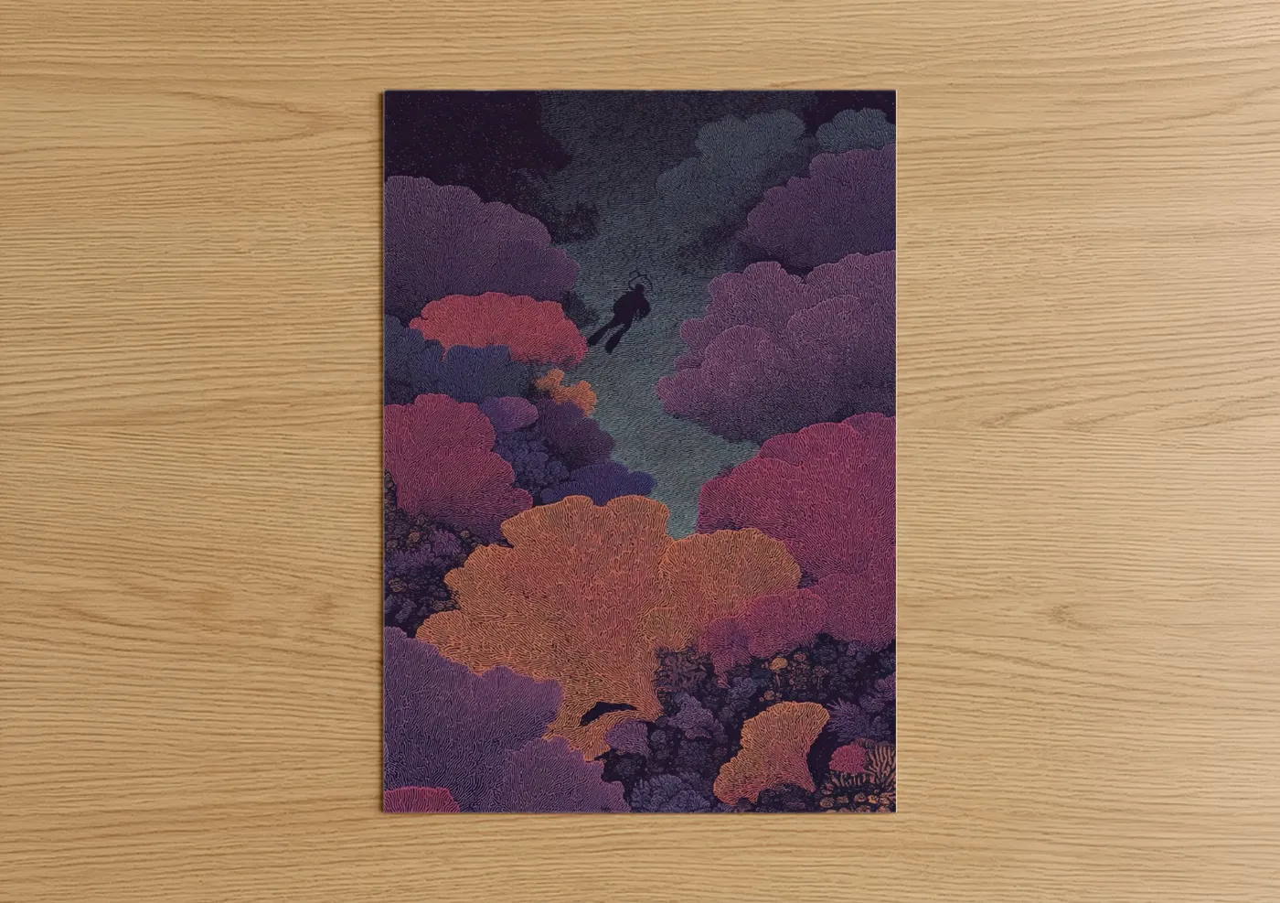 Art print on warm oak wood — purple and gold palette — Coral Reef Snorkeling poster