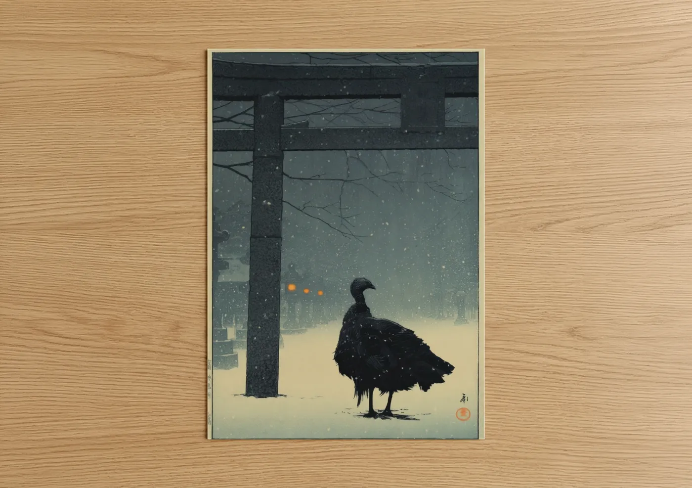 Art print on warm oak wood — black and white and dove gray palette — Snowy Turkey Solitude poster