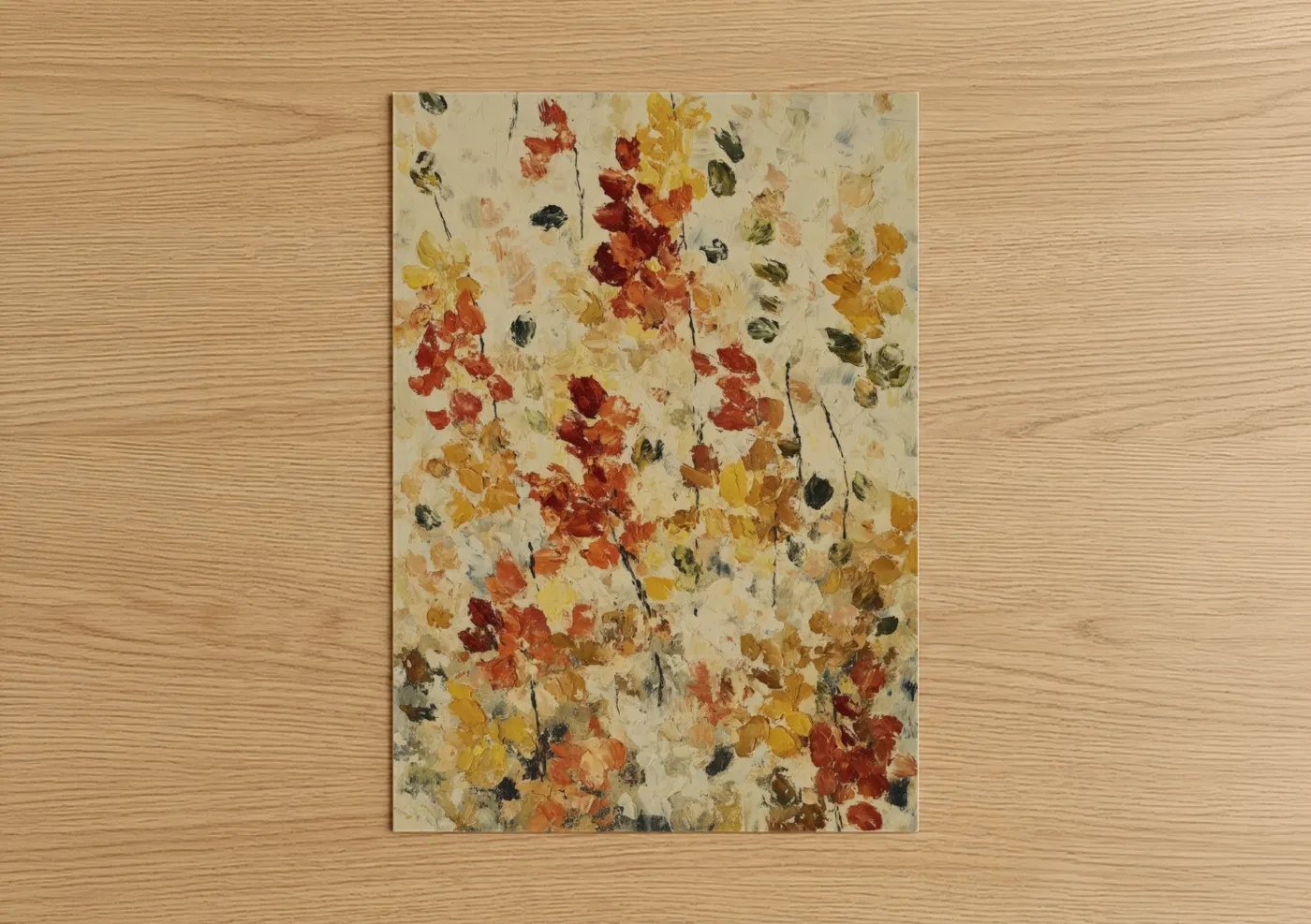 Art print on warm oak wood — gold and russet palette — Autumn Foliage Dance poster