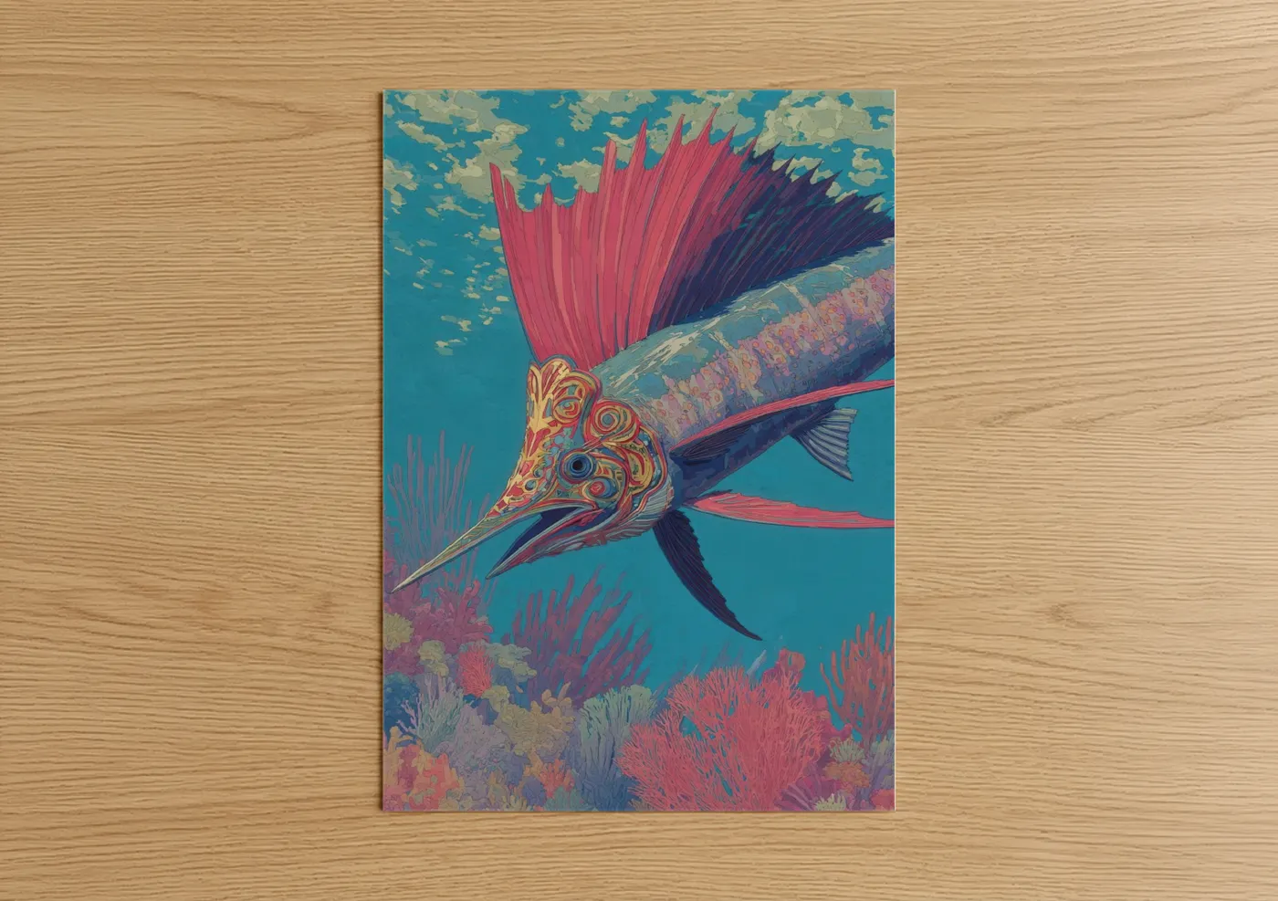 Art print on warm oak wood — blue and pink palette — Coral Sailfish poster