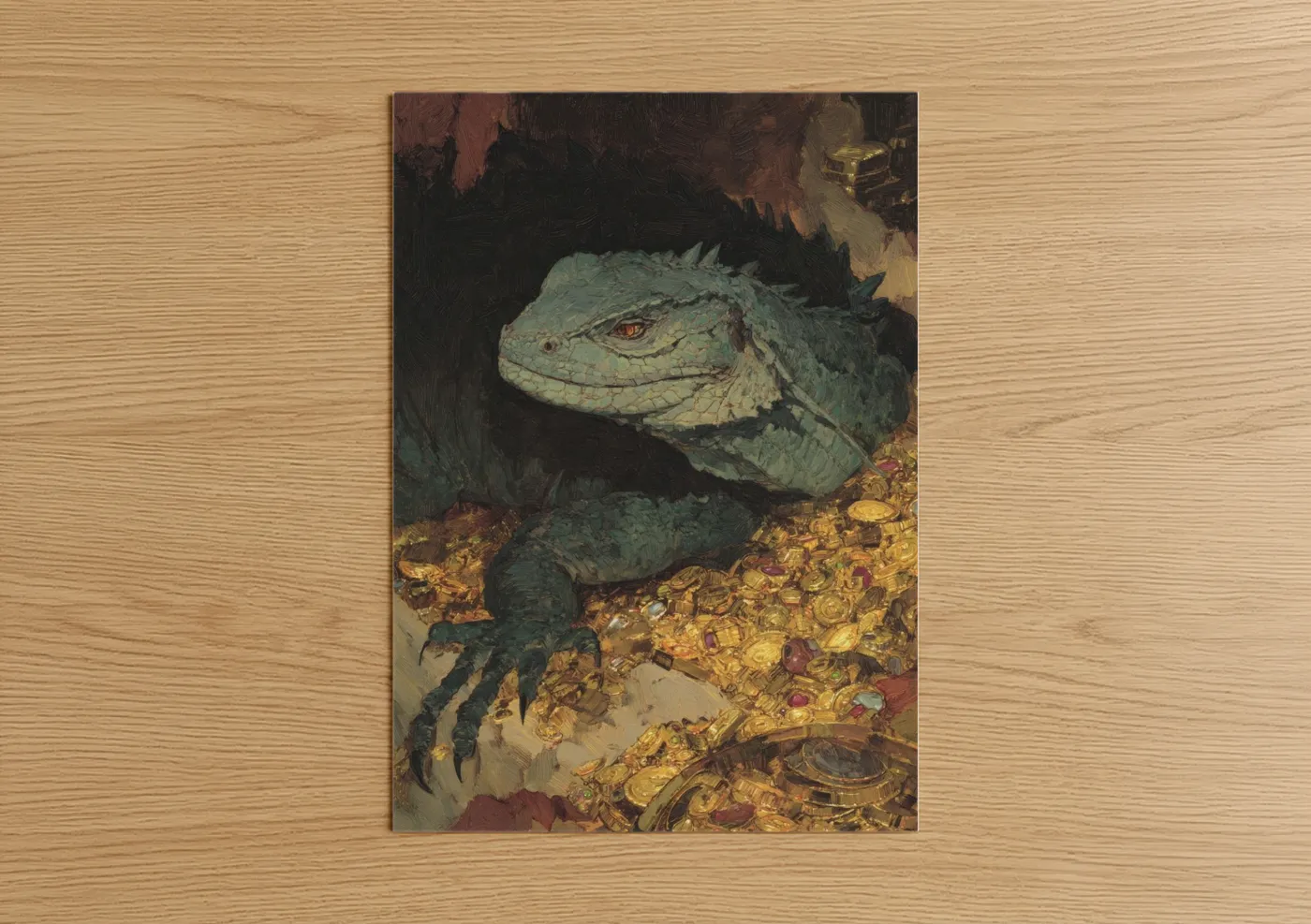 Art print on warm oak wood — dark green and gold palette — Emerald Basilisk poster