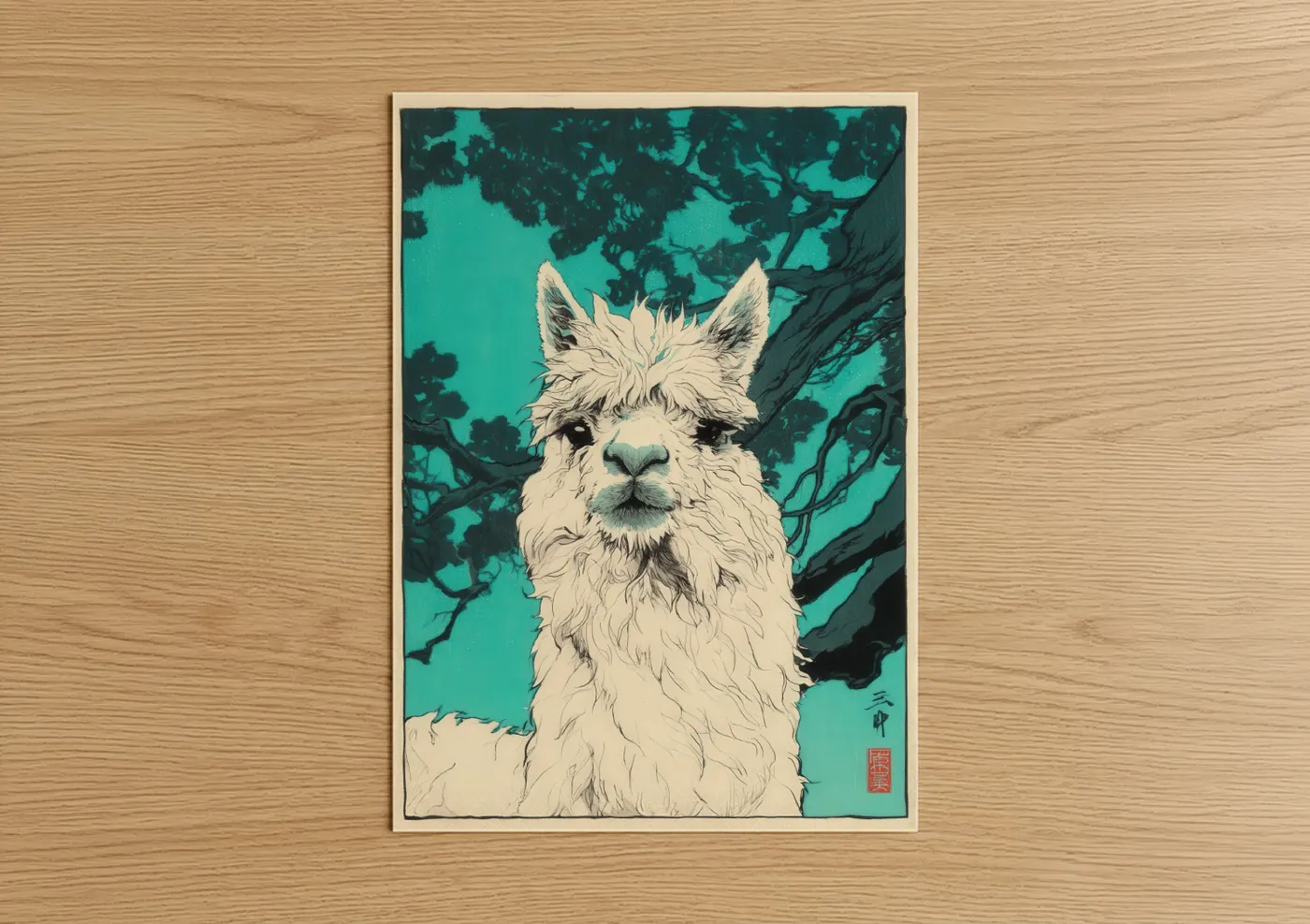 Art print on warm oak wood — turquoise and black and white palette — Turquoise Alpaca poster