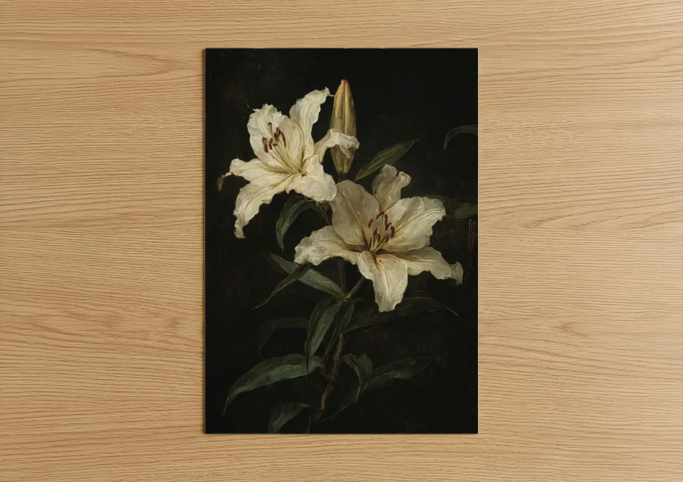 Lily art print on warm oak wood — cream and black palette — Ivory Lilies poster
