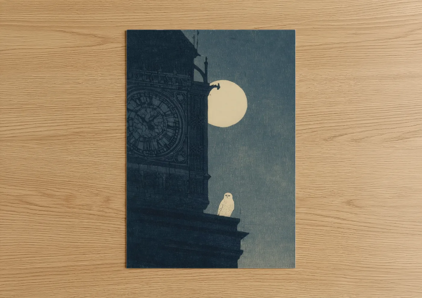 Art print on warm oak wood — dark blue and white palette — Midnight Big Ben poster