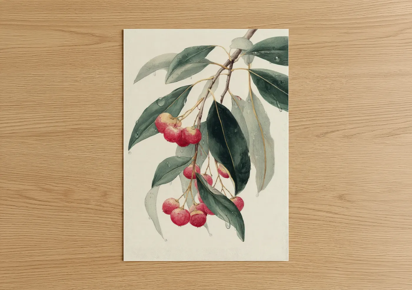 Arbutus tree art print on warm oak wood — red and dark green palette — Crimson Arbutus poster