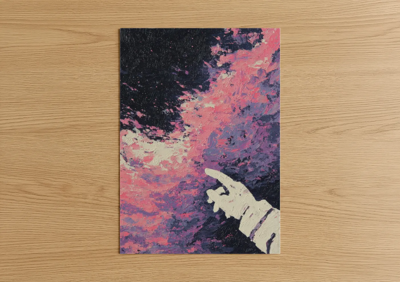 Astronaut art print on warm oak wood — magenta and purple palette — Cosmic Touch poster