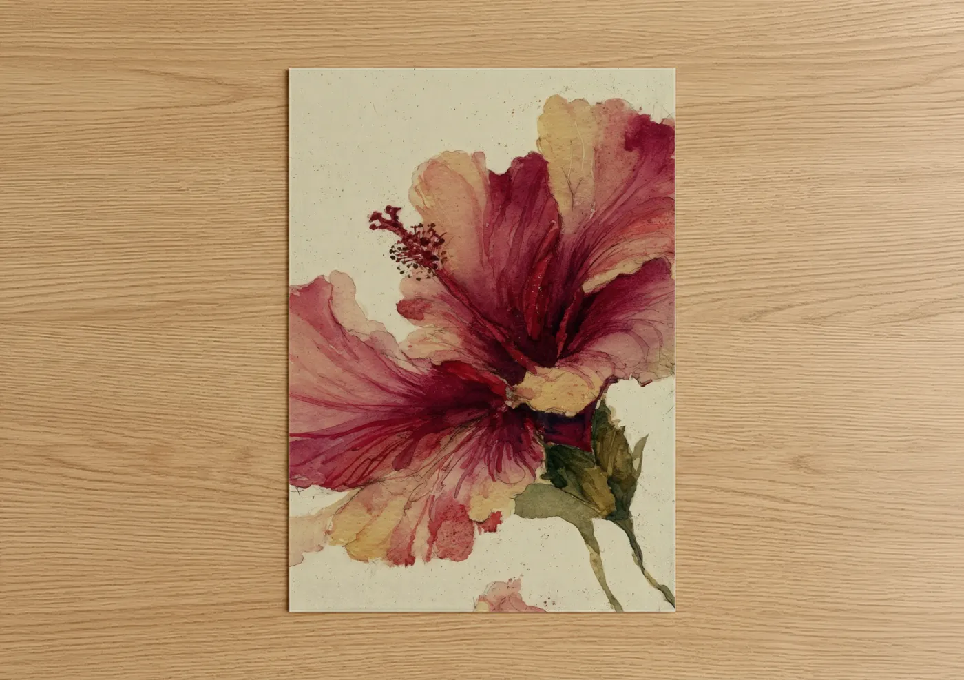Art print on warm oak wood — red and peach palette — Crimson Hibiscus Bloom poster