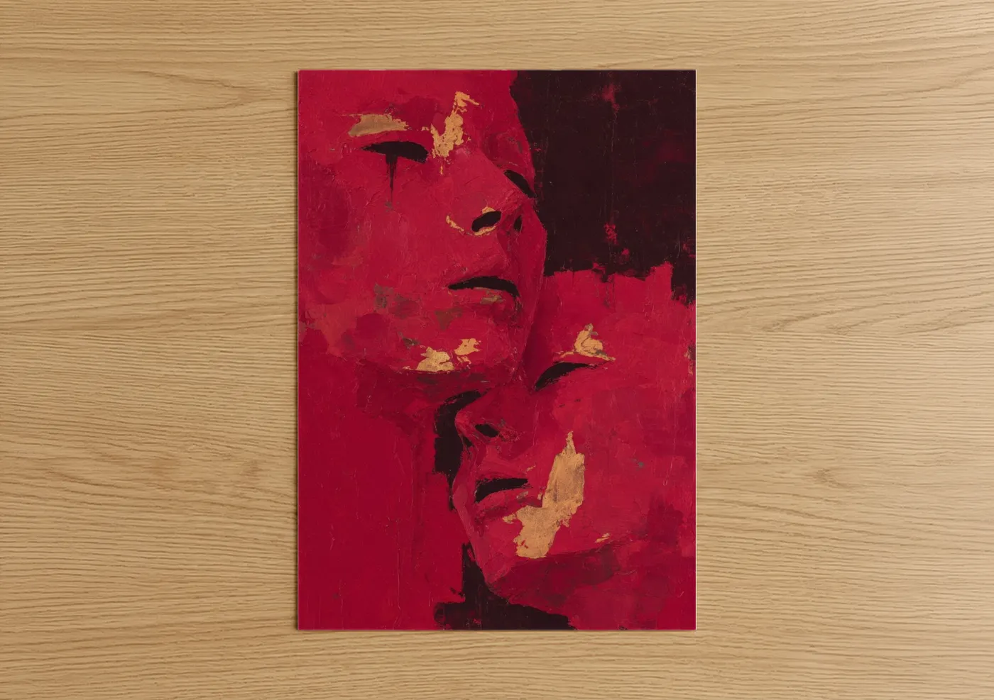 Art print on warm oak wood — red and gold palette — Crimson Theater Faces poster