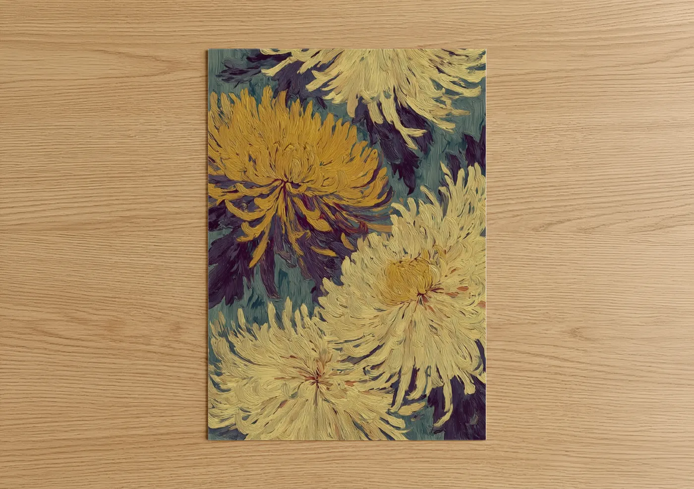 Art print on warm oak wood — gold and purple palette — Golden Chrysanthemum poster