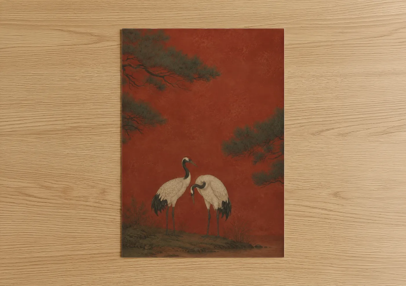 Art print on warm oak wood — red and beige palette — Japanese Crane Pair in Misty Pine Forest Wall Art poster
