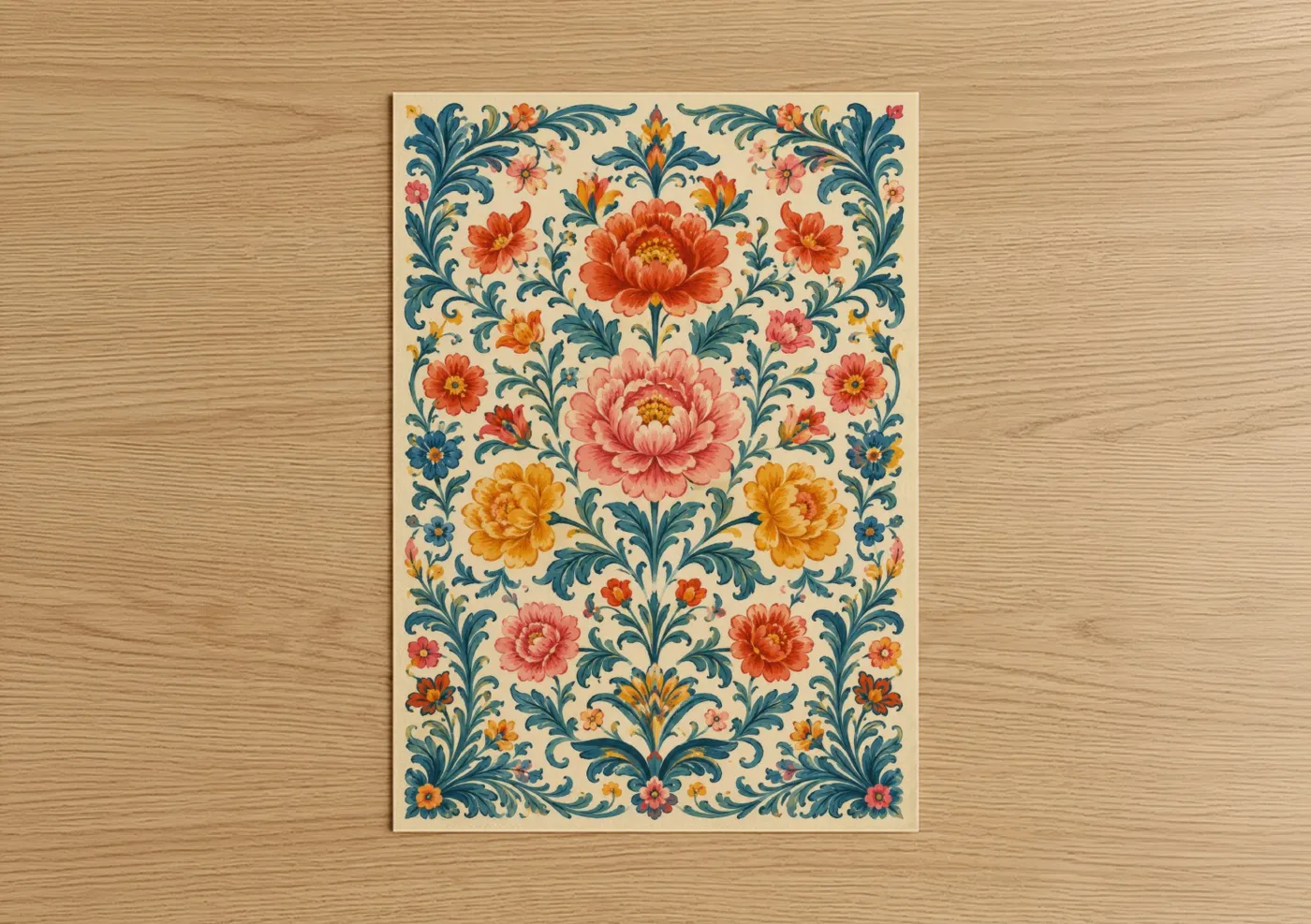 Flower art print on warm oak wood — cream and blue palette — Vintage Floral Tapestry Wall Art poster