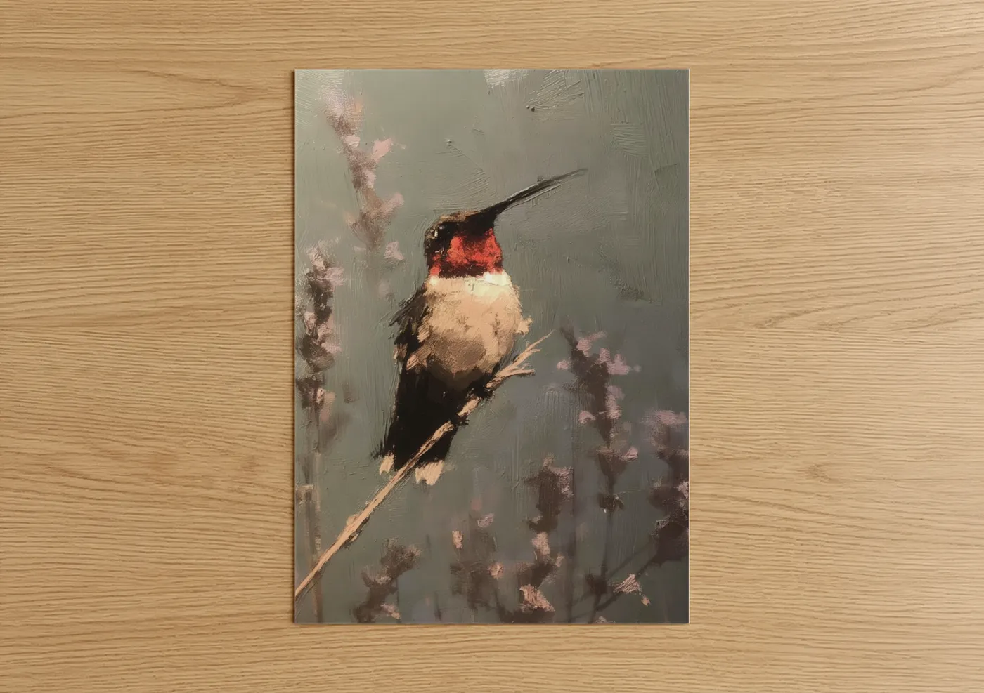 Art print on warm oak wood — cream and rose gold palette — Hummingbird poster