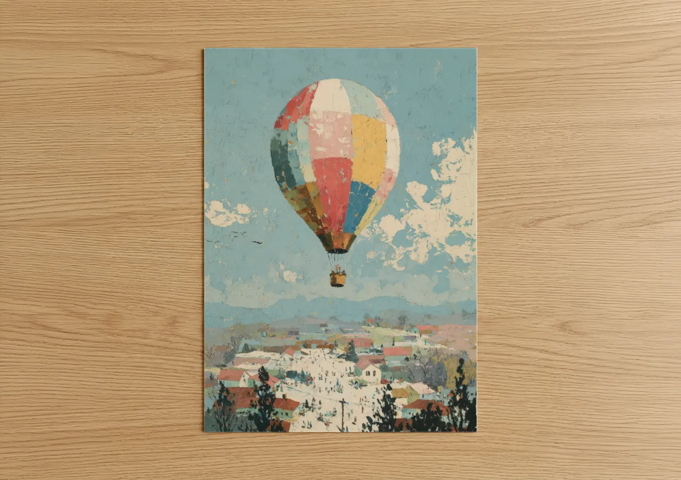 Vintage Hot Air Balloon Village Scene Wall Art
