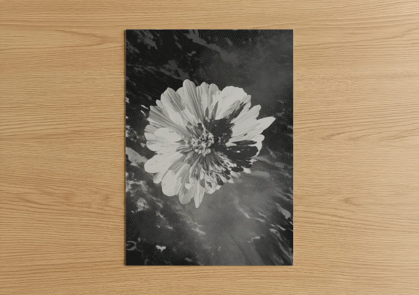 Abstract flower art print on warm oak wood — black and white palette — Monochrome Bloom poster