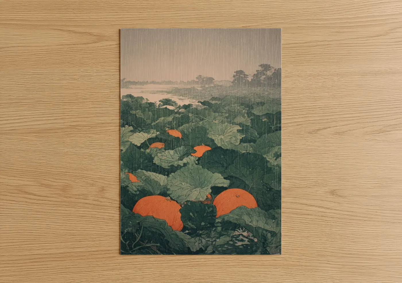 Rainy Pumpkin Patch Japanese Woodblock Wall Art