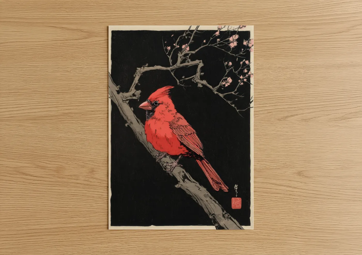 Art print on warm oak wood — red and black palette — Crimson Cardinal Branch poster