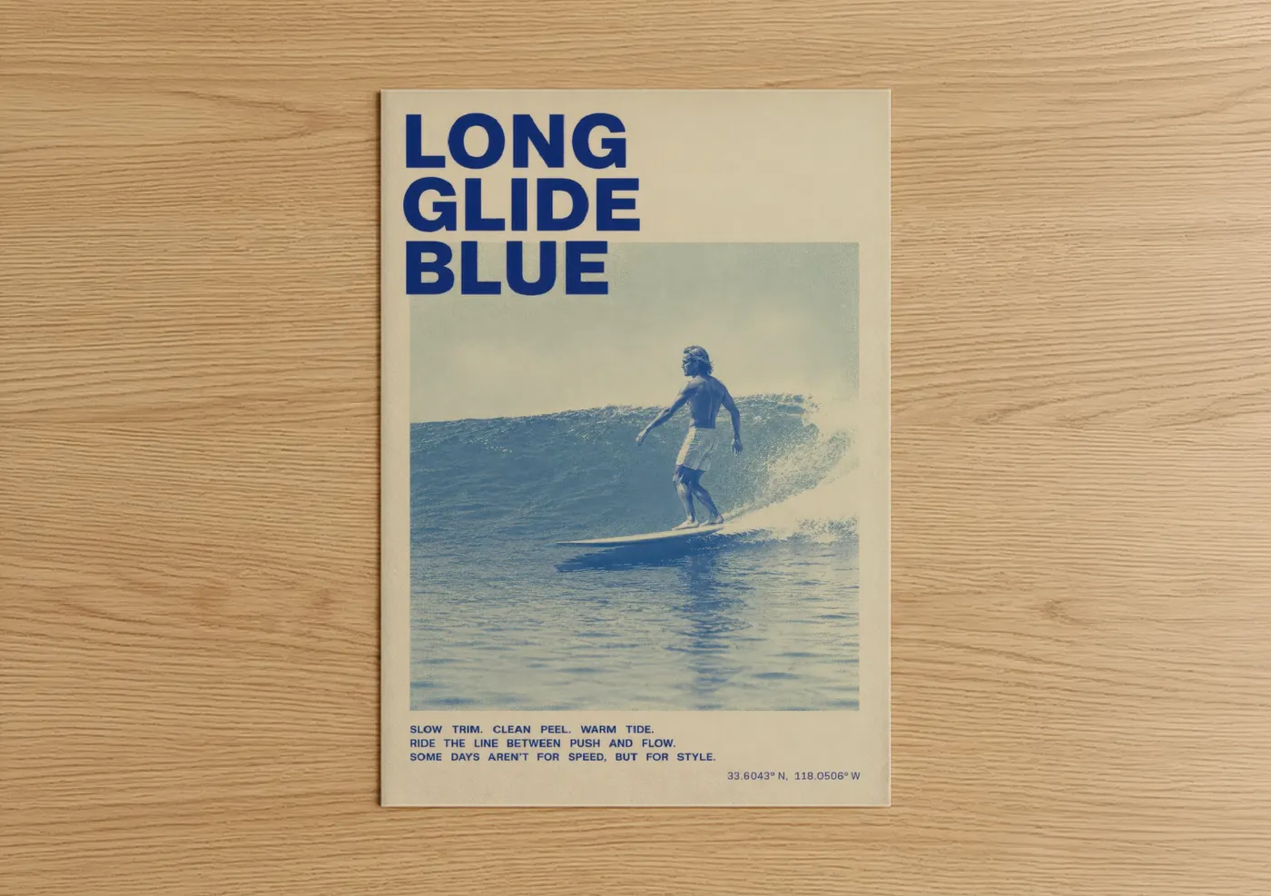 Surfing art print on warm oak wood — blue and beige palette — Vintage Surf Rider Ocean Wave Wall Art poster