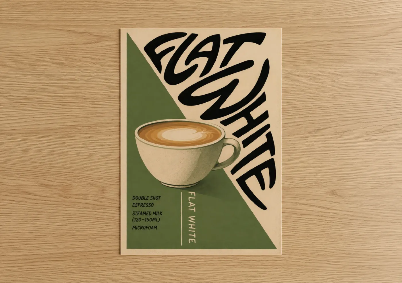 Art print on warm oak wood — beige and olive palette — Flat White Coffee Vintage Poster Wall Art poster