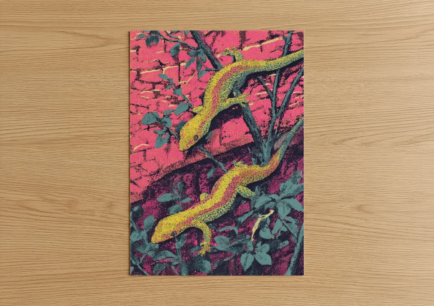 Art print on warm oak wood — magenta and yellow gold palette — Neon Lizard poster