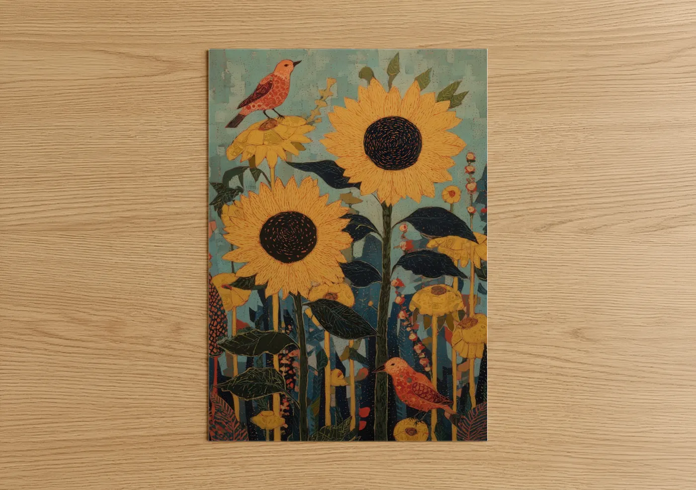 Coral Birds Sunflower Garden Illustration Wall Art