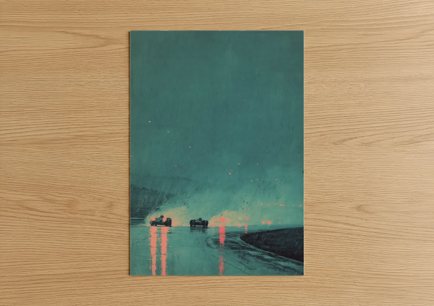 Auto racing art print on warm oak wood — teal and salmon pink palette — Wet Track Racing poster
