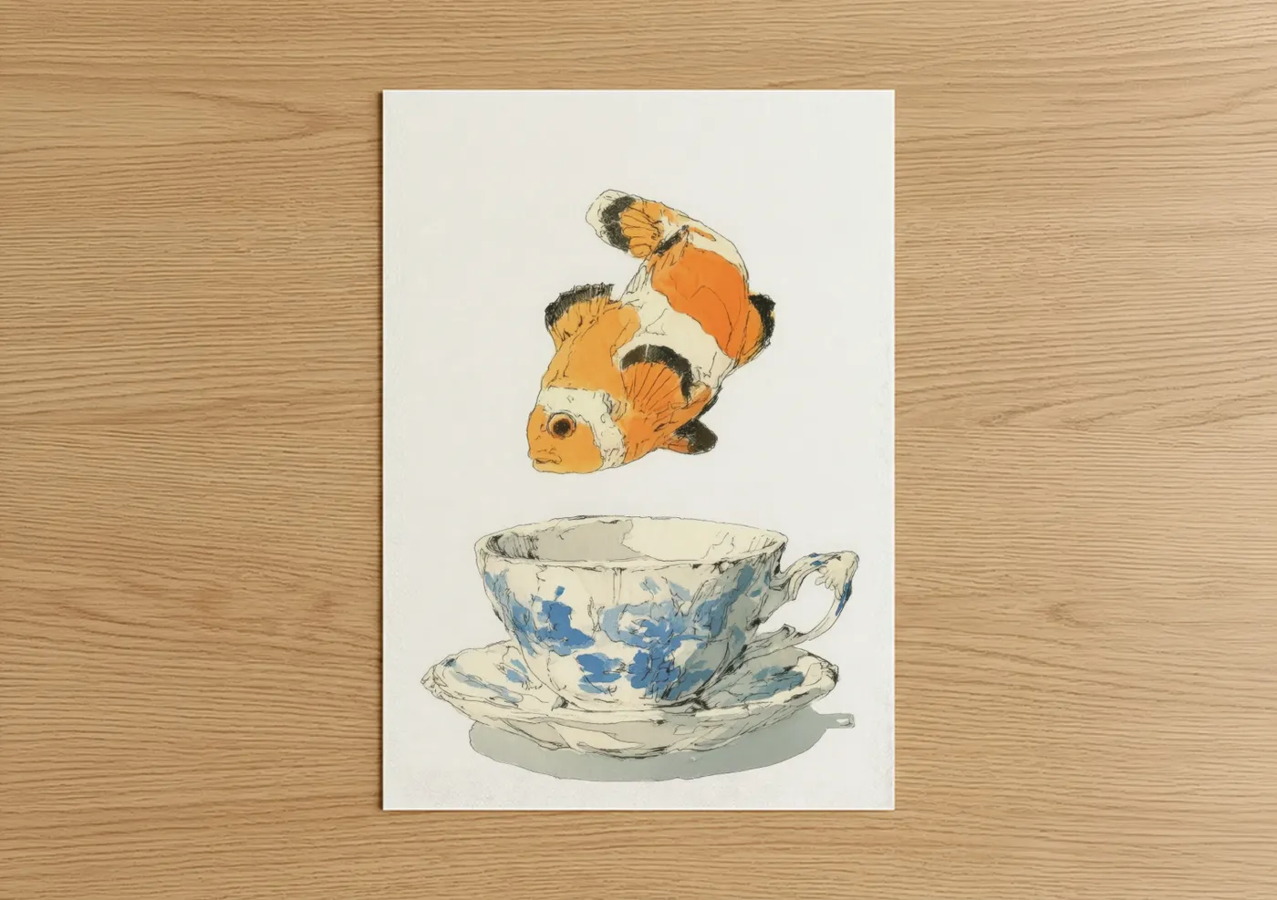Whimsical Clown Fish Teacup Illustration Wall Art